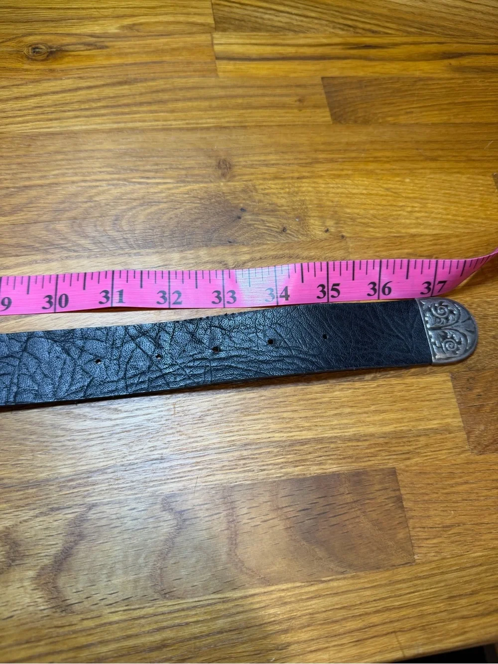 Vintage Black Leather Women's Belt with Ornate Silver-Tone Buckle (050)